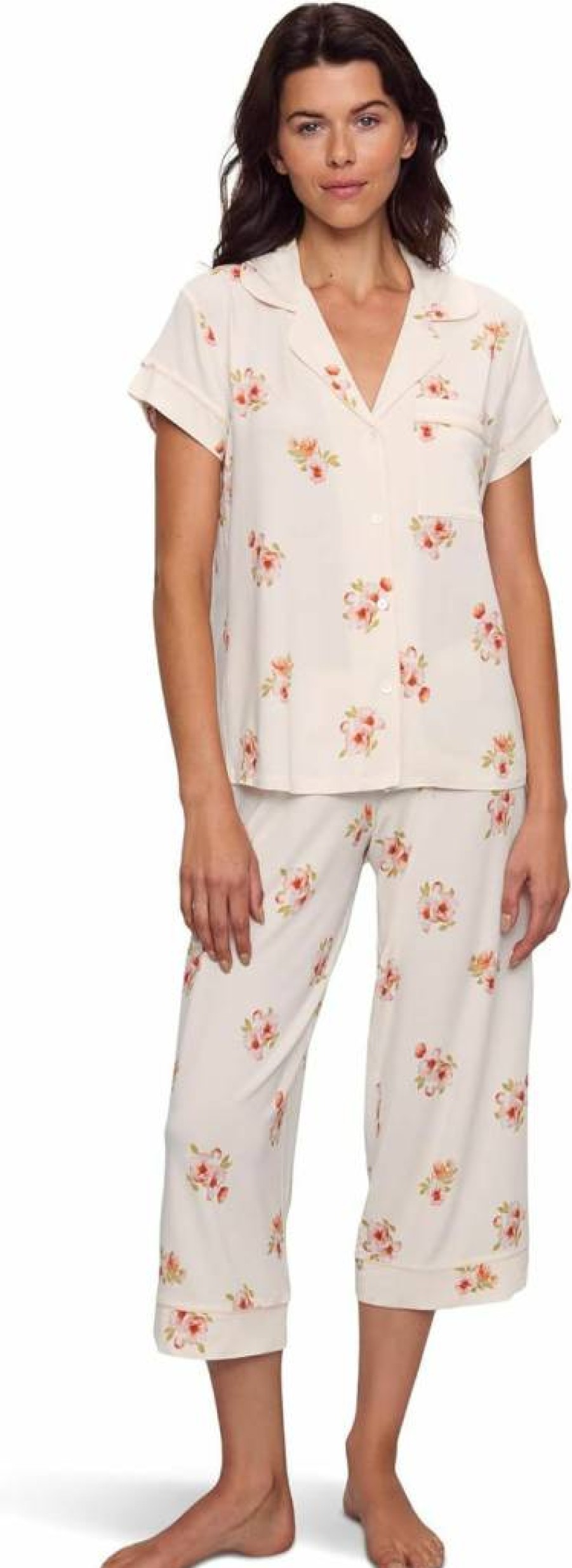 Eberjey Women's Gisele Floral Printed Short Sleeve Crop Top Pajama Set - Comfortable Sleepwear Nightwear Loungewear